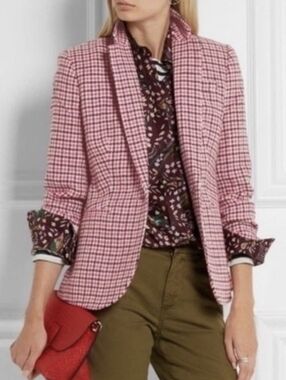 J. Crew Campbell Blazer Wool Houndstooth Plaid Single Breasted Jacket Pink Sz 2